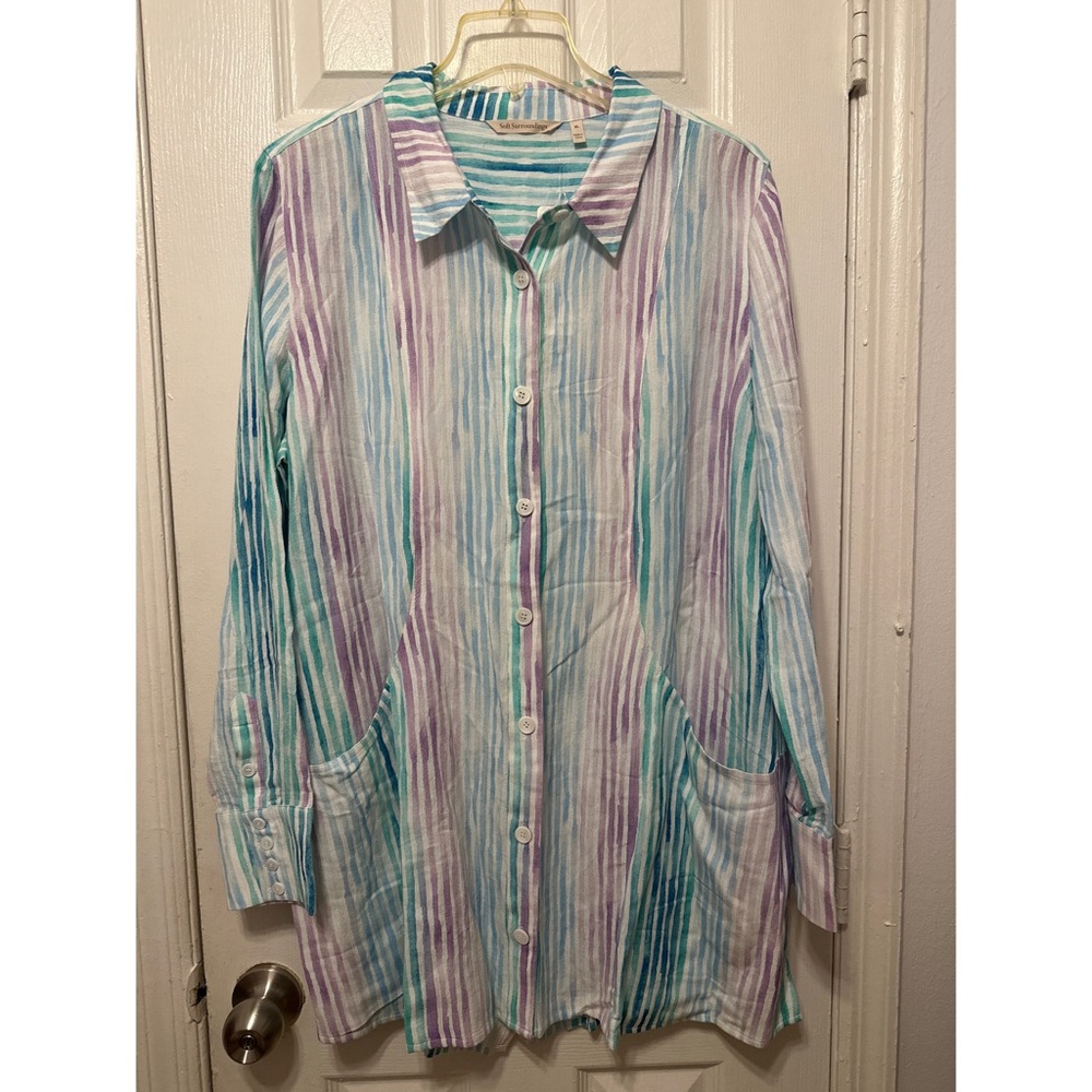 Soft Surroundings Cia Gauze Shirt, Multi Blue Striped w/Pockets Size XL